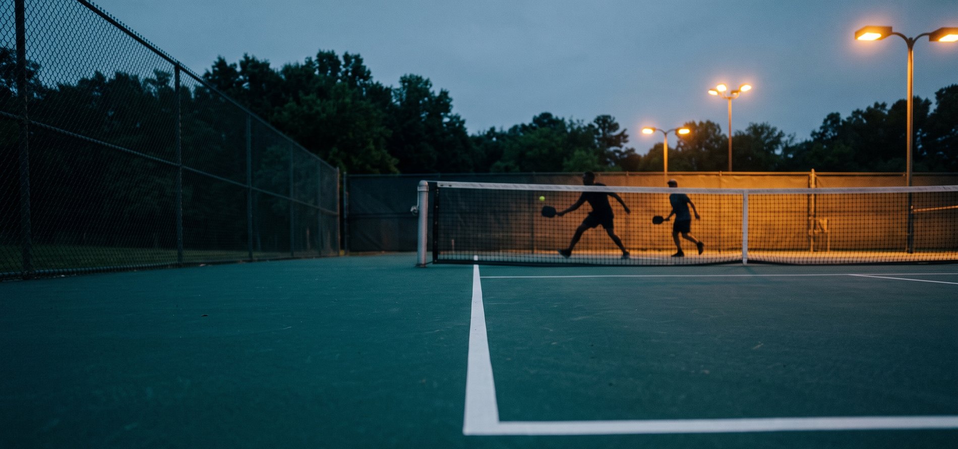 An empty court at dusk, floodlights coming on