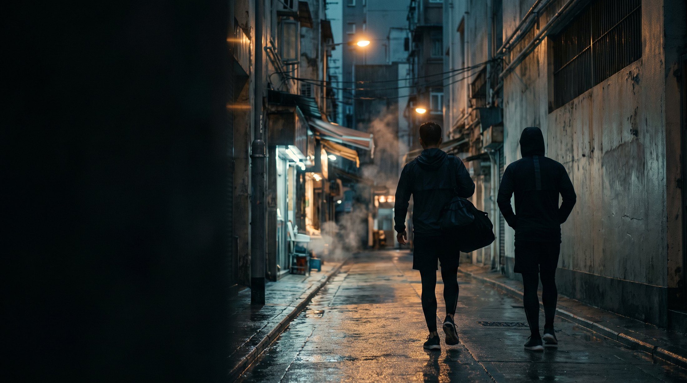 Two players walking home down a wet street after a night game